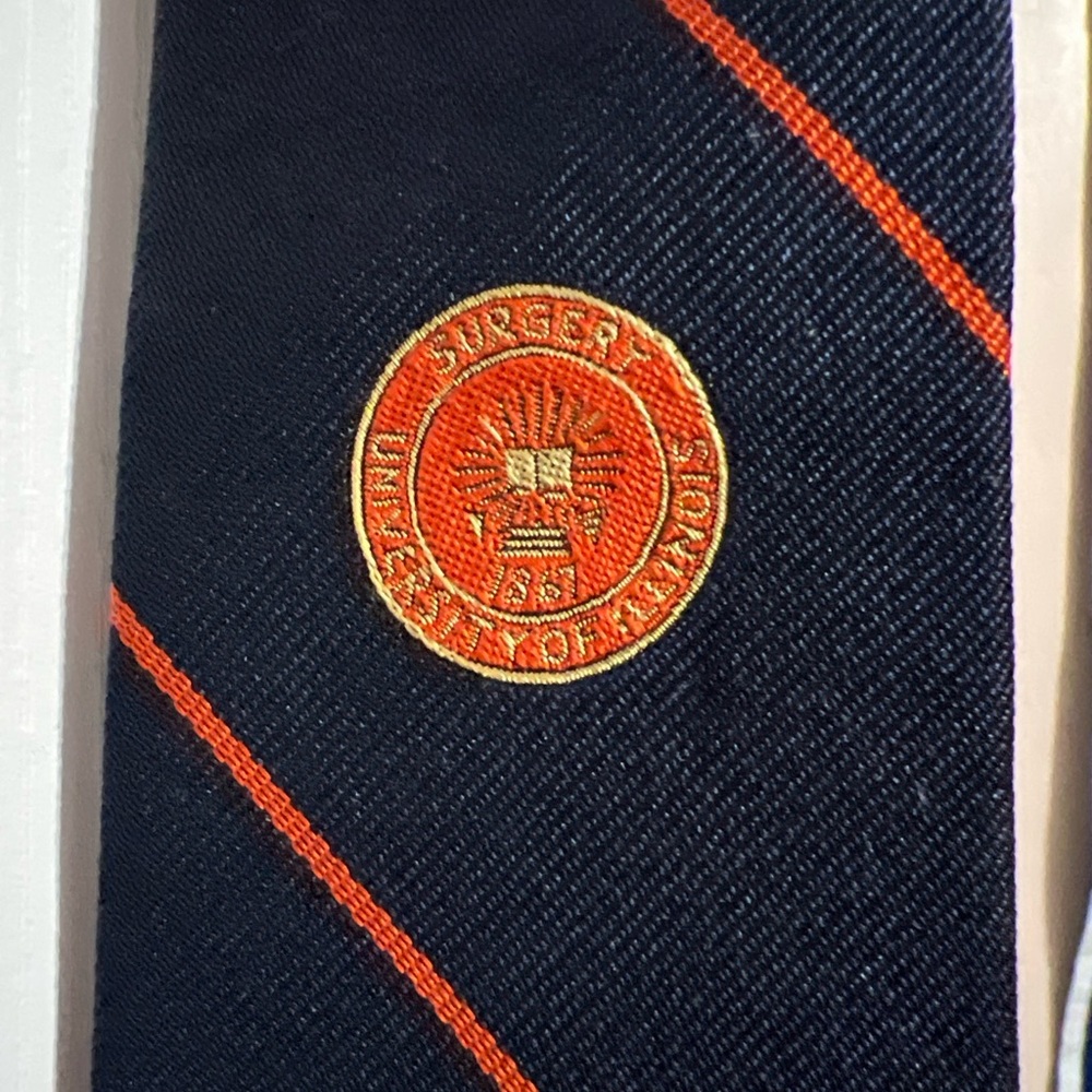 University of Illinois Blue and Orange Silk Tie with Surgery Emblem